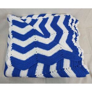 Vintage Handmade Crochet Blanket – Royal Blue & White Zigzag – 78" x 80"